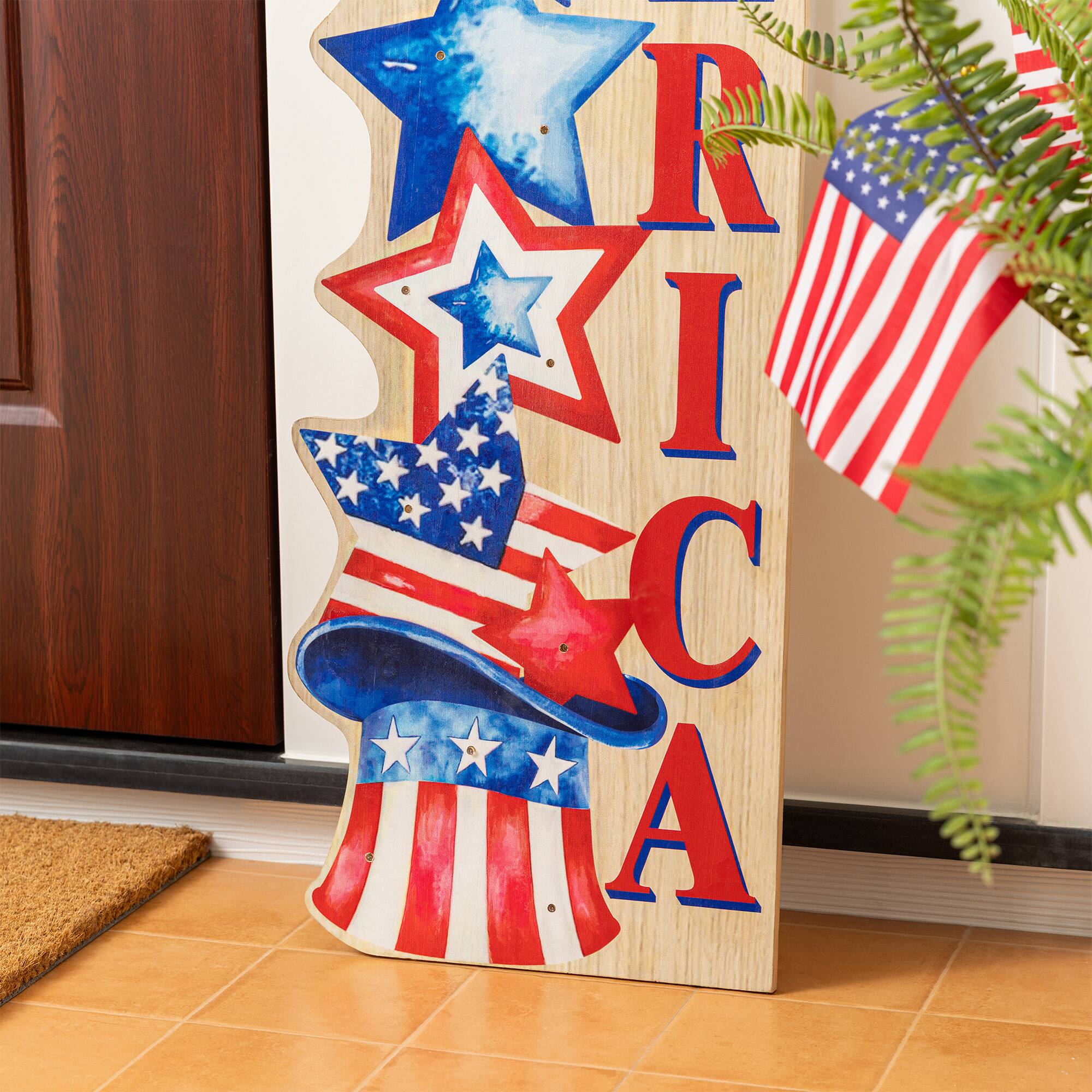 Glitzhome® 42" Lighted Patriotic Americana Wooden Stacked Stars Porch Sign with Timer